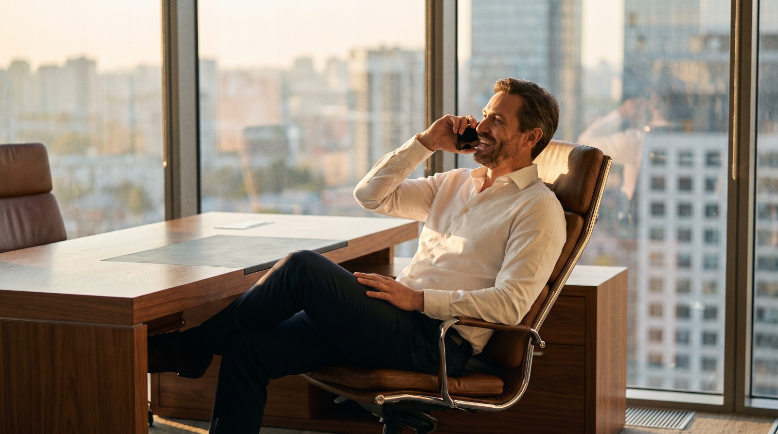 Dirigeant au téléphone, bureau avec vue